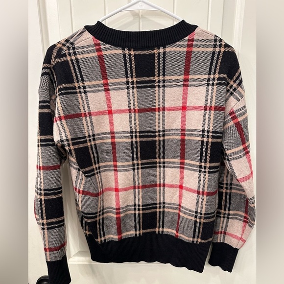 Tahari Women's V-Neck Plaid Sweater - Black, Tan and Red - Picture 3 of 3